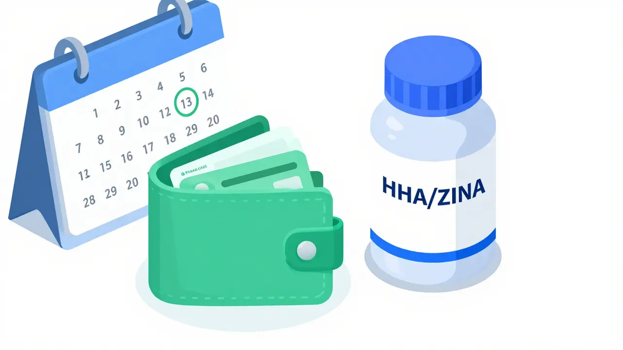 HSA card and a bulk bottle of generic cetirizine next to a February calendar