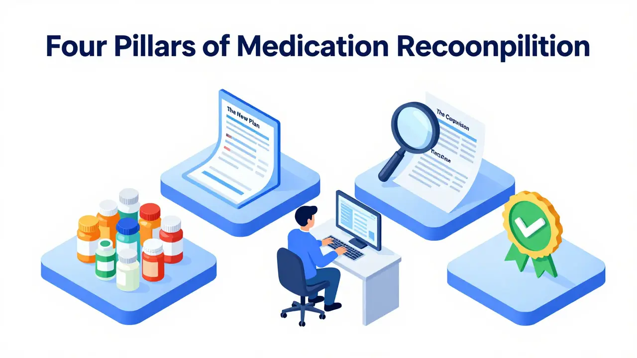 Isometric diagram showing the four steps of medication reconciliation with a healthcare provider.