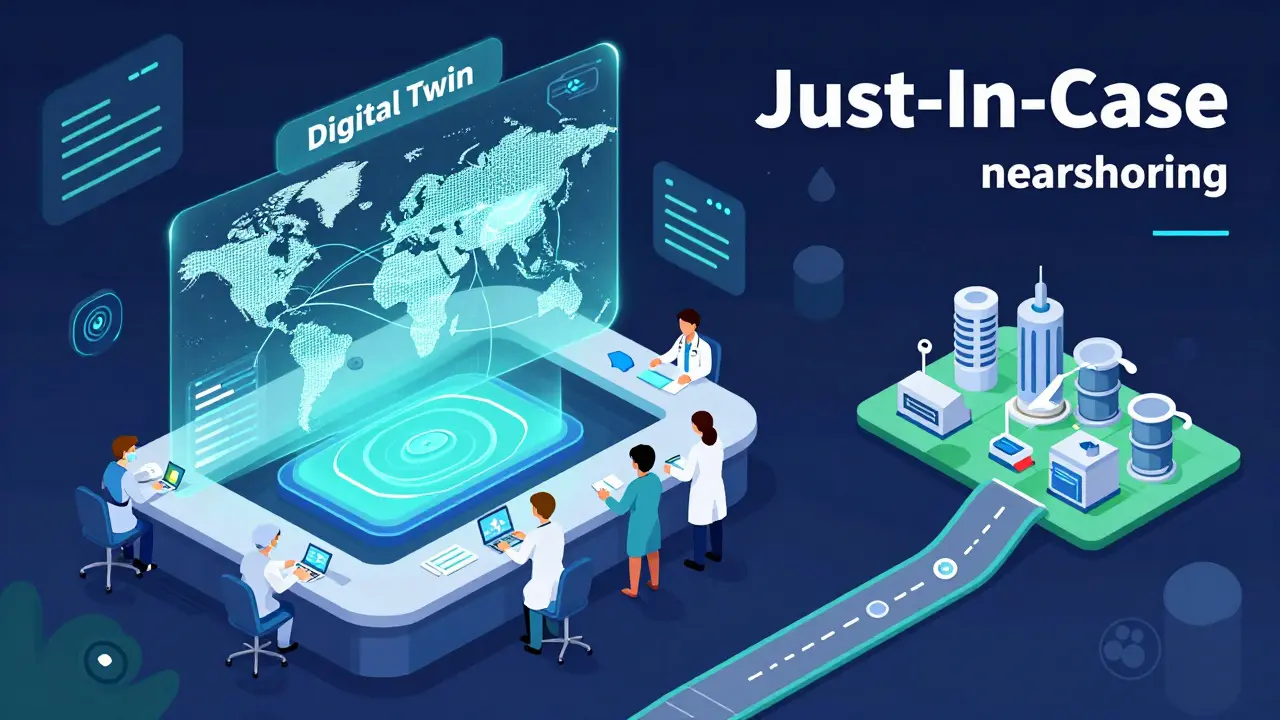 Isometric illustration of a digital twin supply chain simulation and a local factory.