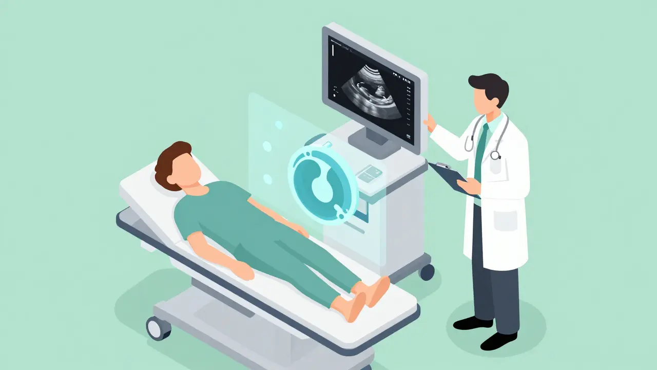 Isometric illustration of a doctor monitoring a patient's fertility progress with an ultrasound screen.