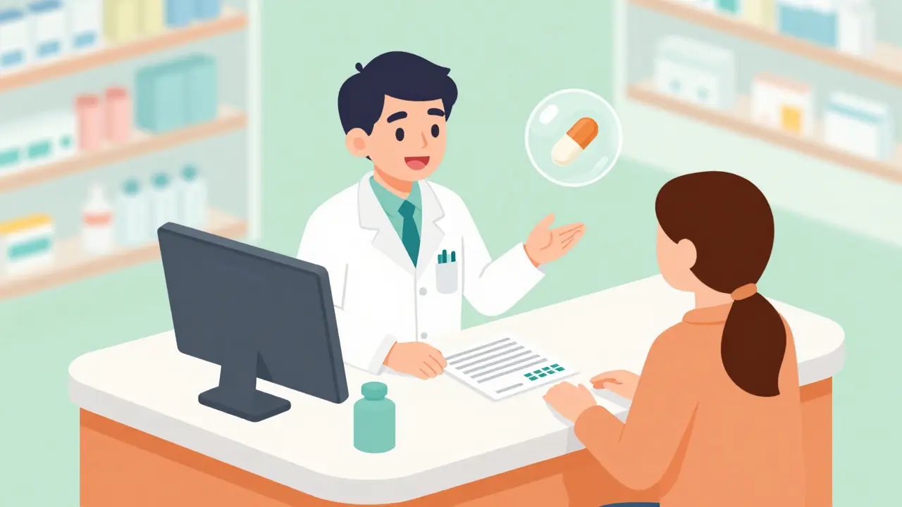 Isometric illustration of a pharmacist helping a patient identify an authorized generic drug.