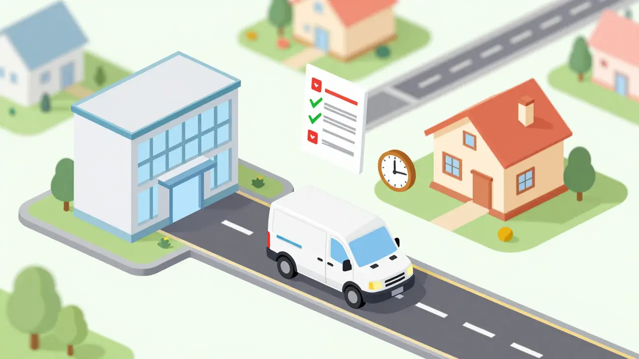 Isometric illustration of a pharmacy delivery van traveling toward a home with prescription icons.