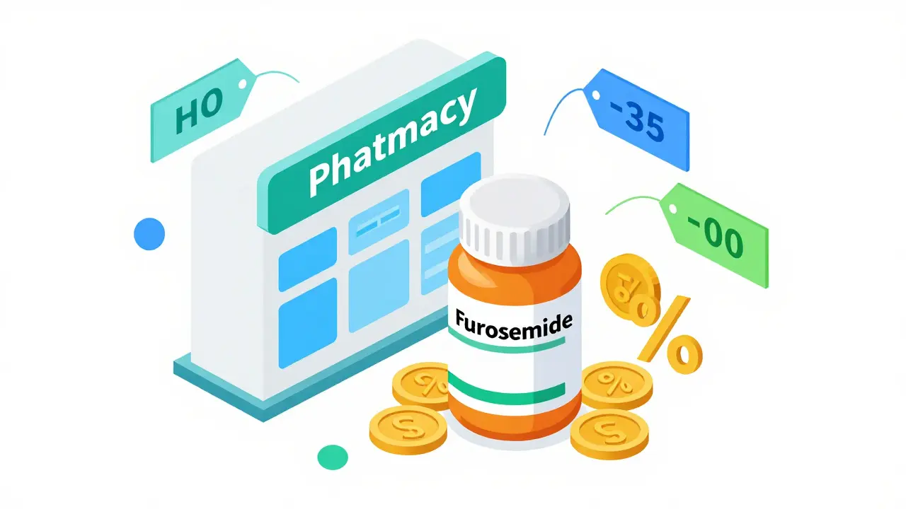 Isometric illustration of an online pharmacy showing cost savings and a generic medication bottle.