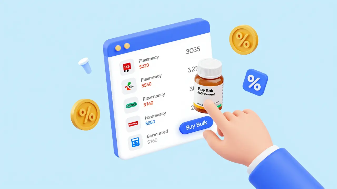 Isometric view of a digital interface comparing online pharmacy prices for bulk allergy medication
