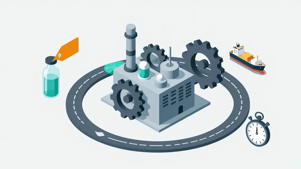 Isometric view of a jammed pharmaceutical supply chain with disrupted shipping and vials.