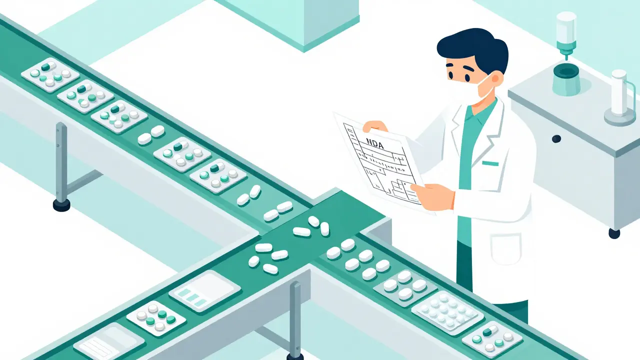 Isometric view of a pharmaceutical line producing both brand and authorized generic medications.