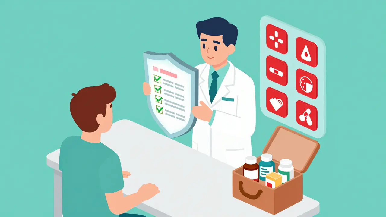Isometric view of a pharmacist reviewing a patient's brown bag of medications to prevent errors.