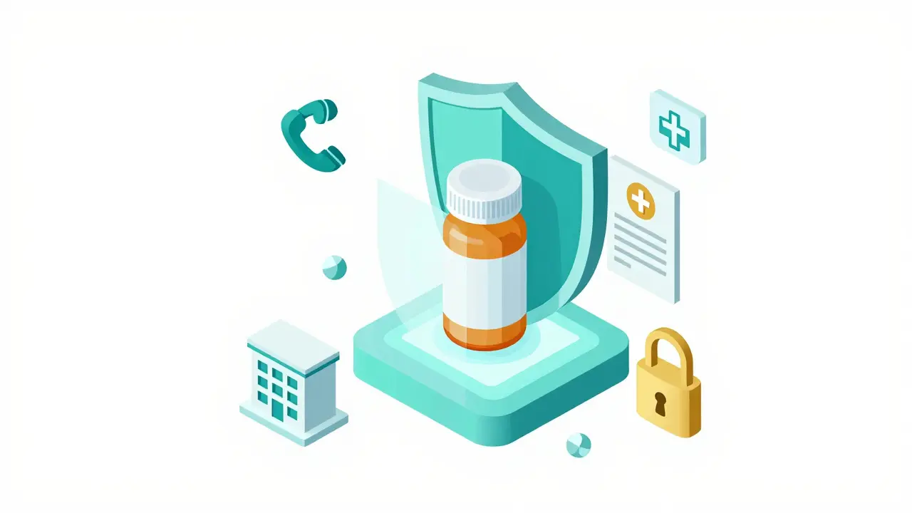 Isometric view of a secure online pharmacy with a protective shield, medical prescription, and security icons.