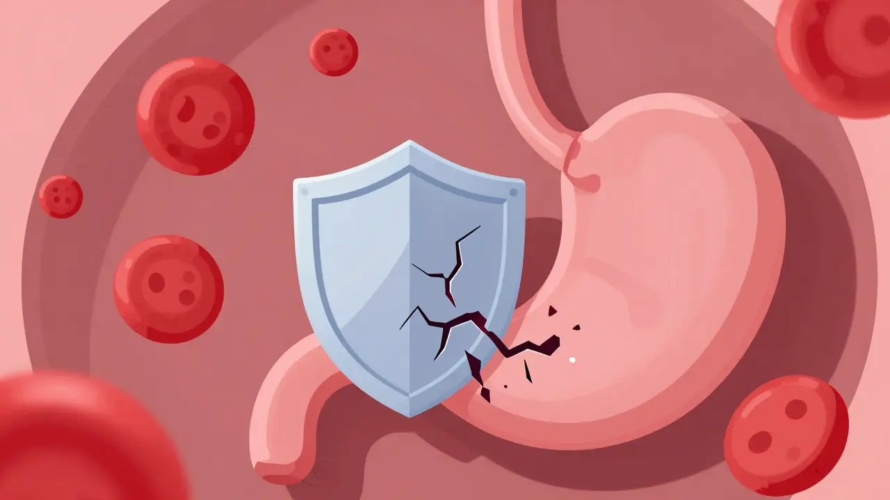 Isometric view of a stylized stomach with a breaking lining and fragmented blood platelets.