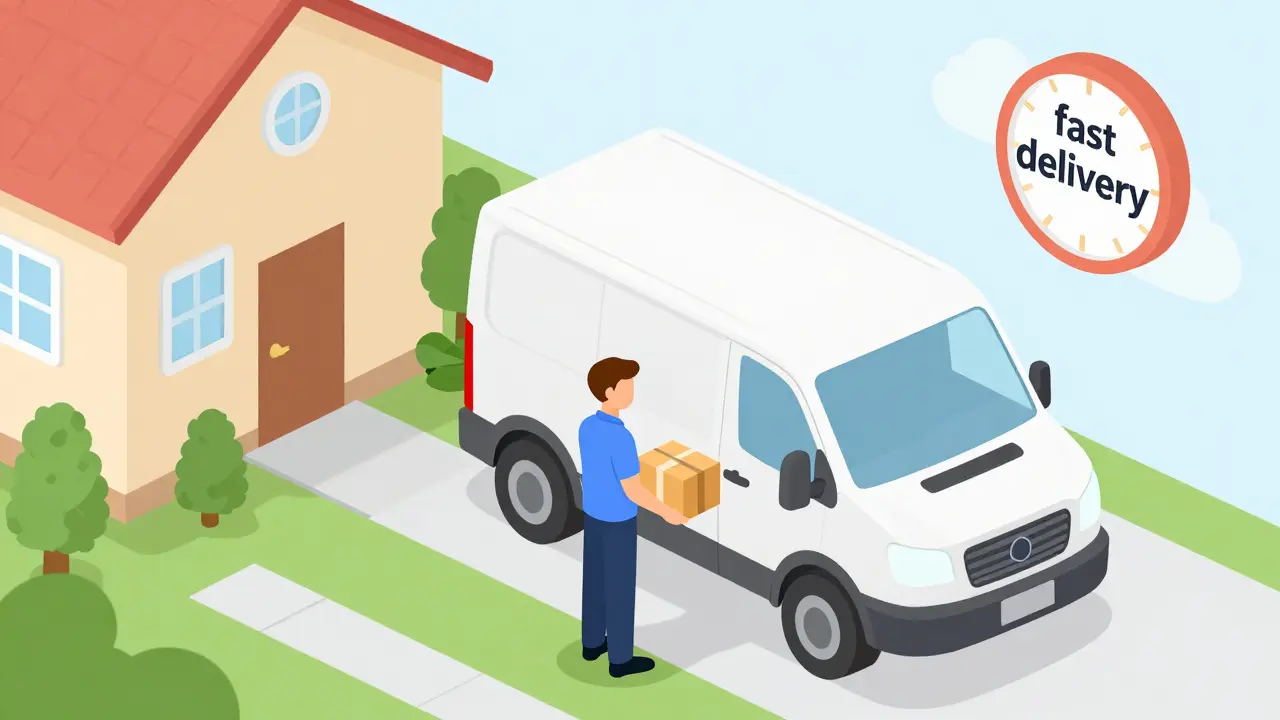 Pharmacy delivery person dropping off a package at a house doorstep