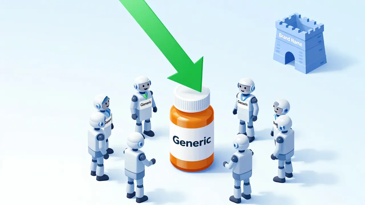 Illustration showing multiple generic manufacturers competing to lower prices
