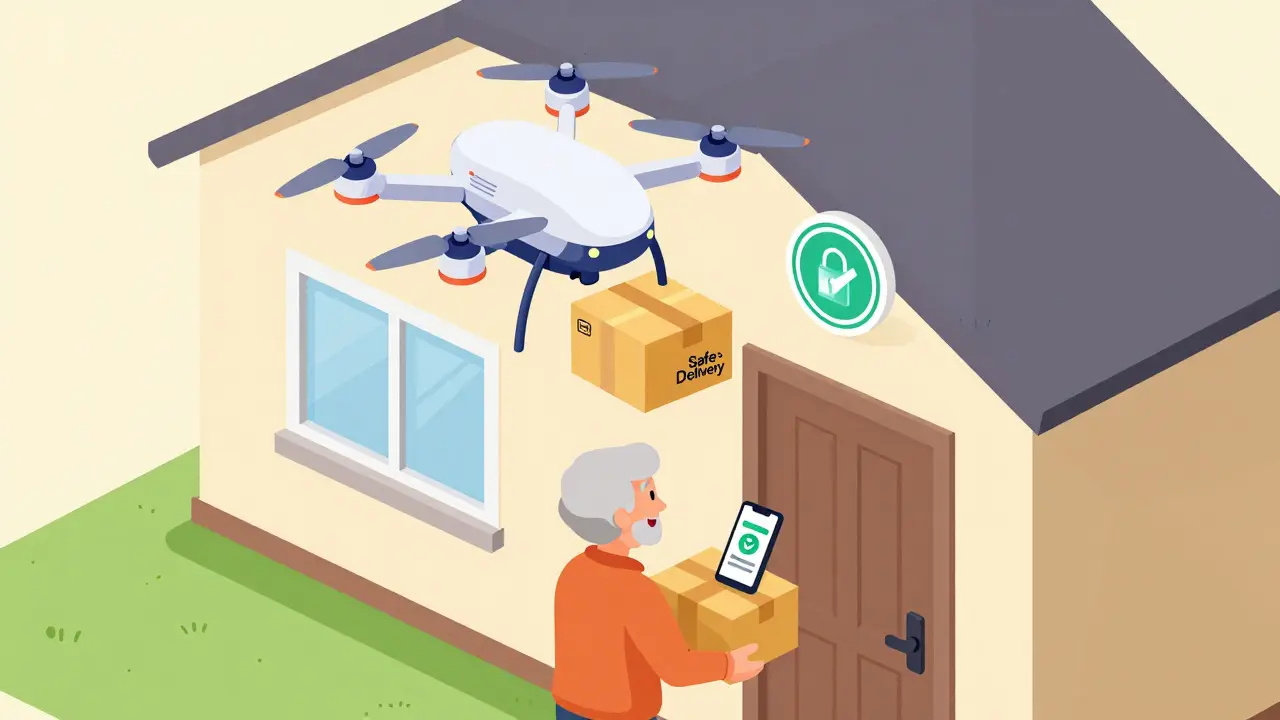 Isometric cartoon of a secure medical package being delivered to a home via drone.