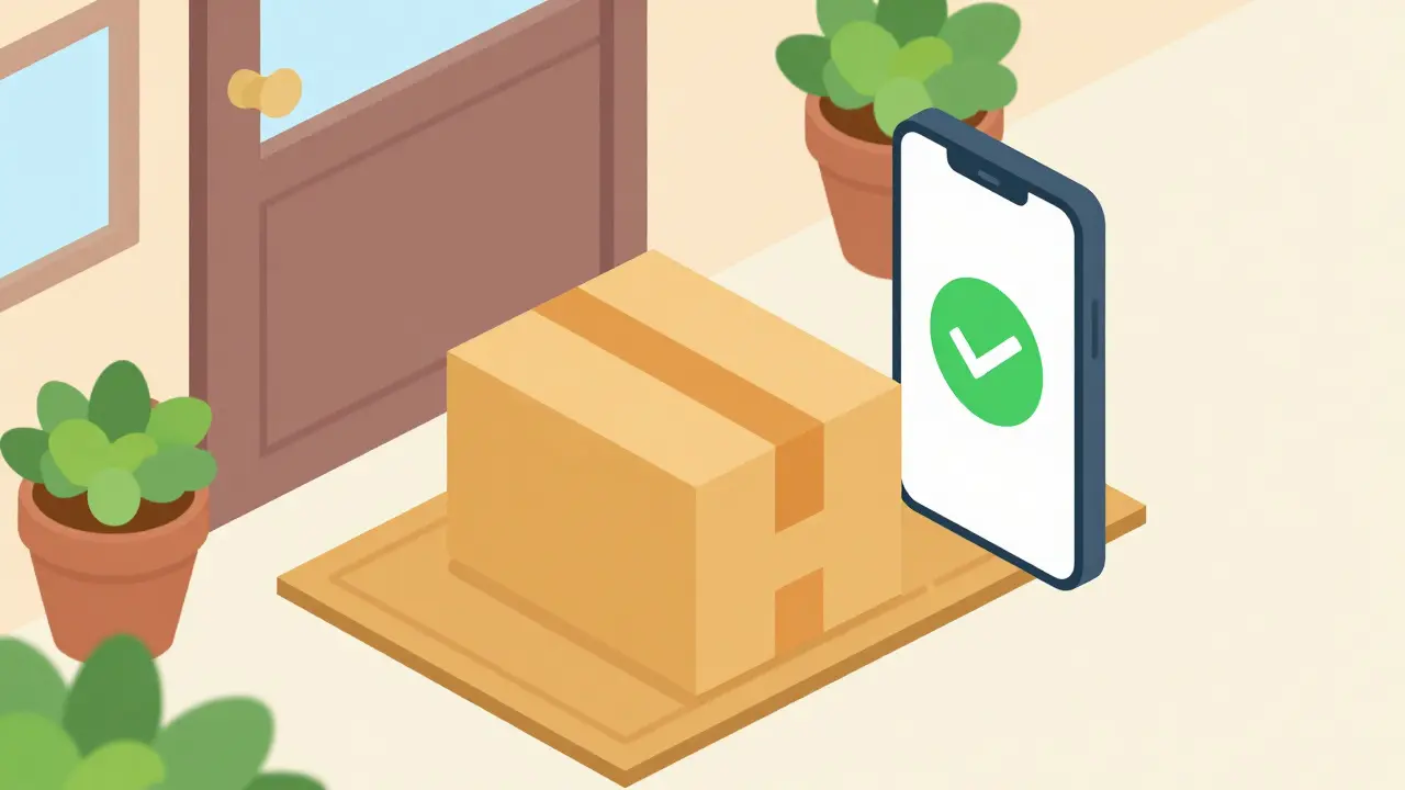 Isometric cartoon of delivered medicine package on doorstep