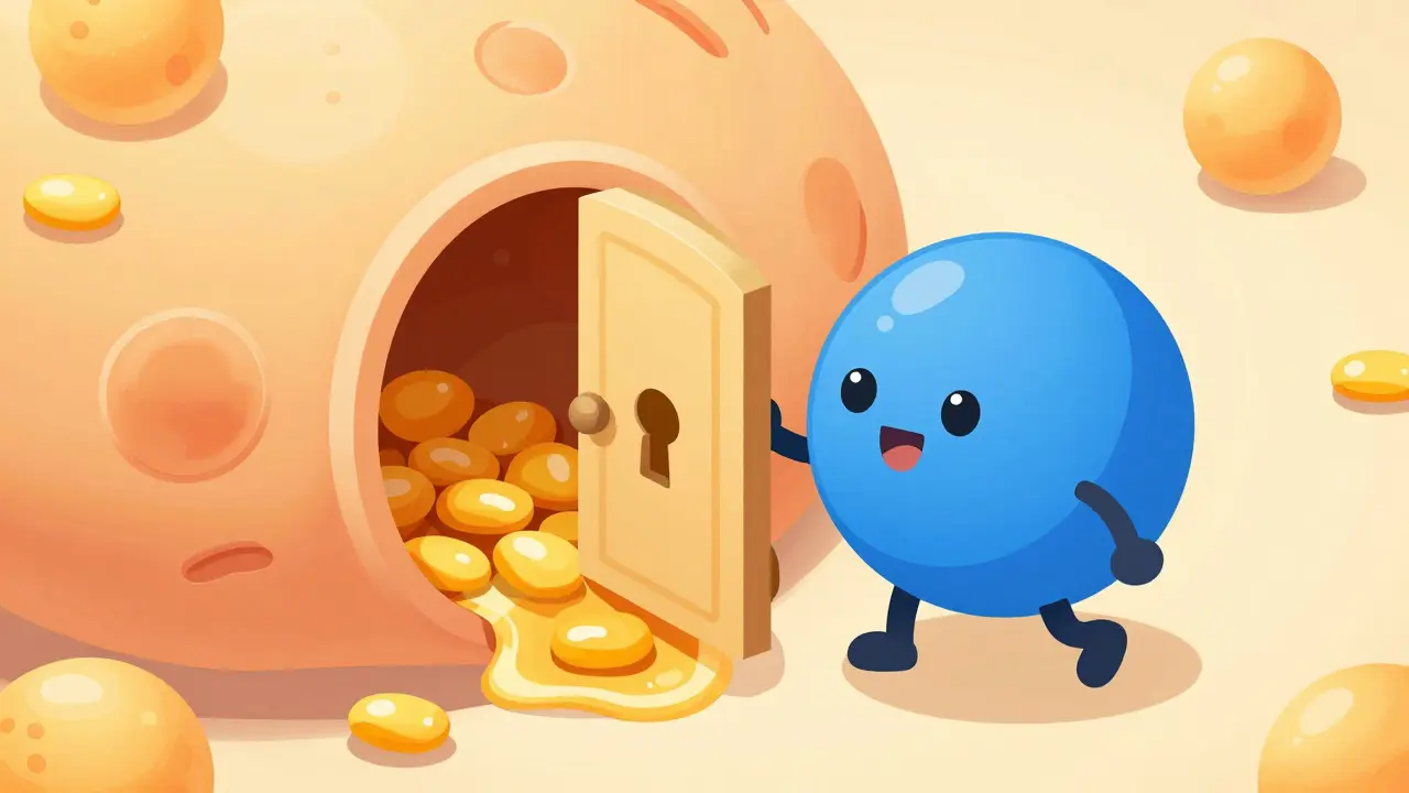 Isometric cartoon of insulin blocked from entering a cell by excess glucose molecules.