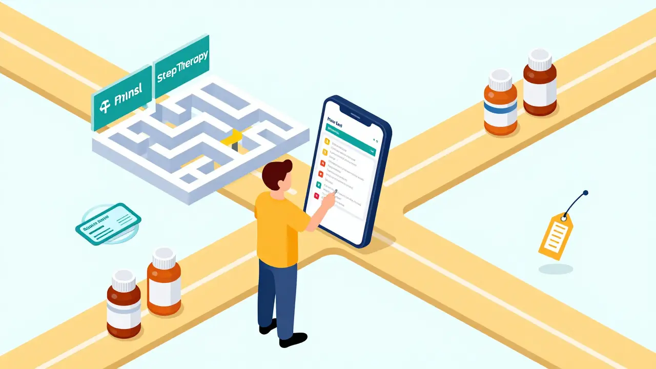 Isometric cartoon of patient navigating insurance and drug choices