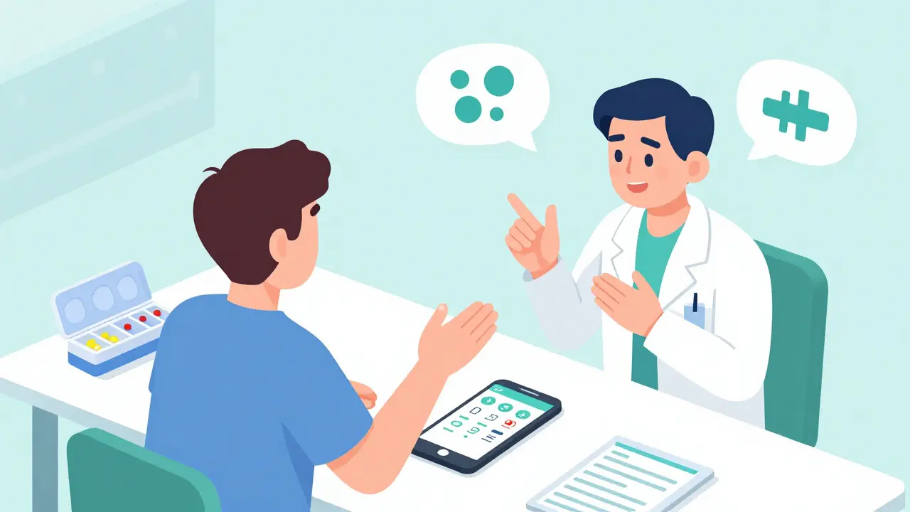 Isometric cartoon of patient using teach-back method with pharmacist and aids