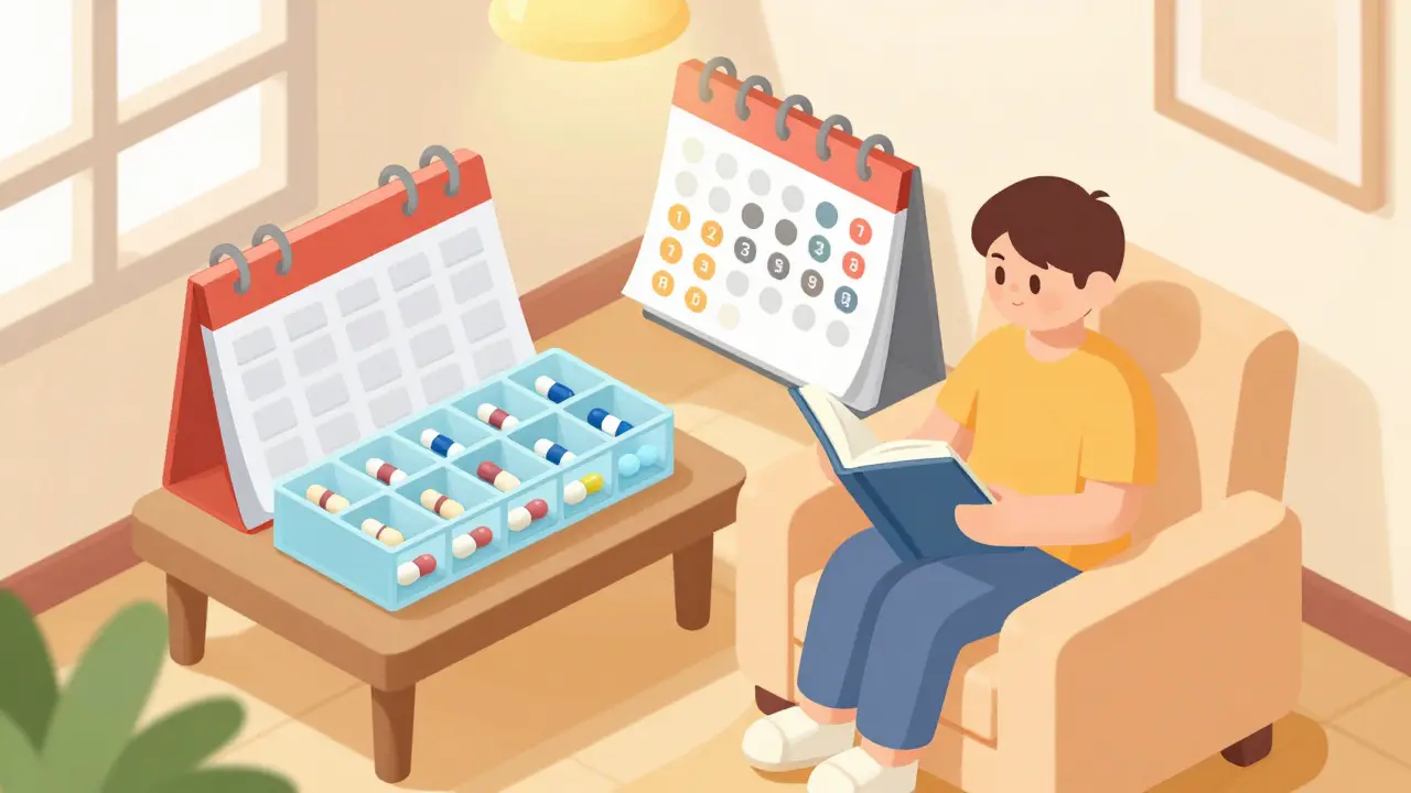 Isometric cartoon of person relaxing with pill organizer and calendar