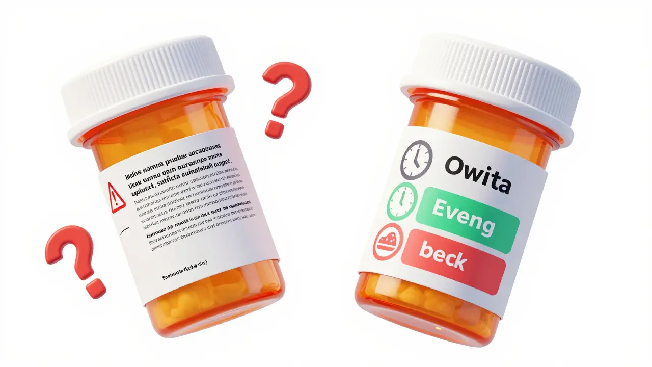 Isometric illustration comparing confusing vs clear prescription label designs