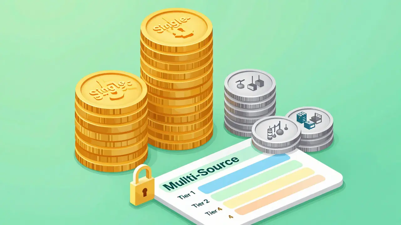 Isometric illustration comparing high and low drug costs with coins
