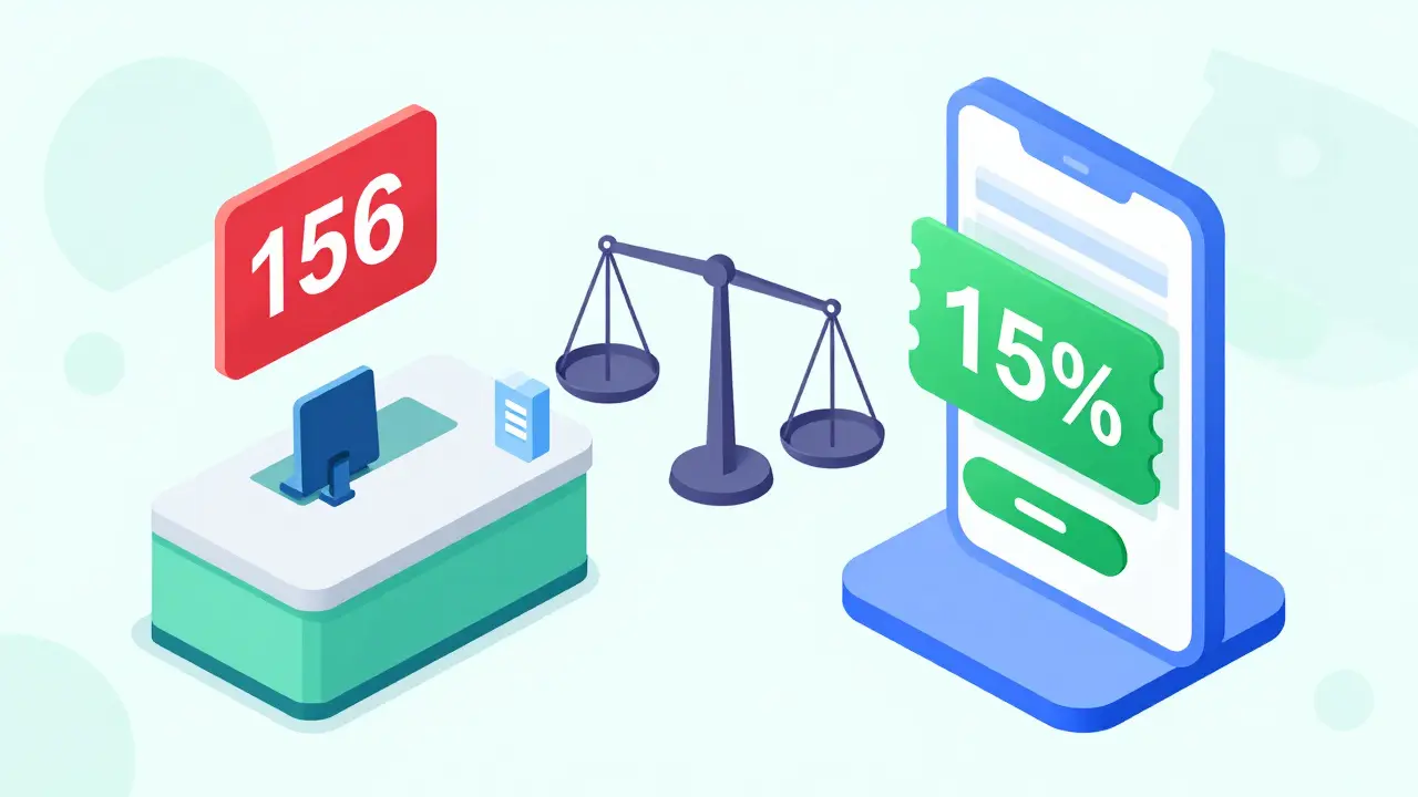 Isometric illustration comparing high retail prices with low online discount prices for medication.