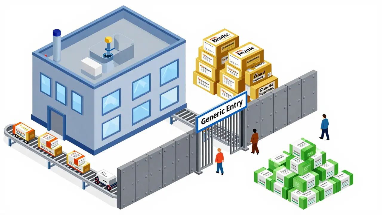 Isometric illustration of a factory blocking generic drugs from entering the market.