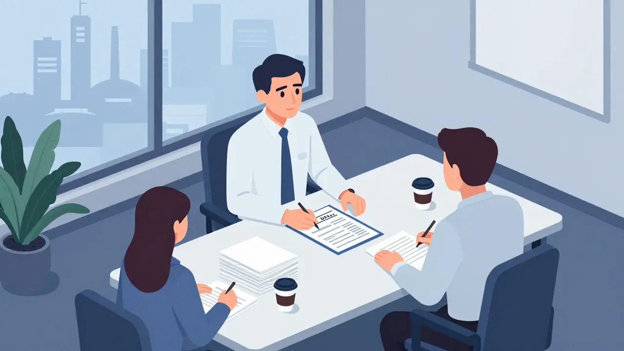 Isometric illustration of a formal meeting discussing inspection results