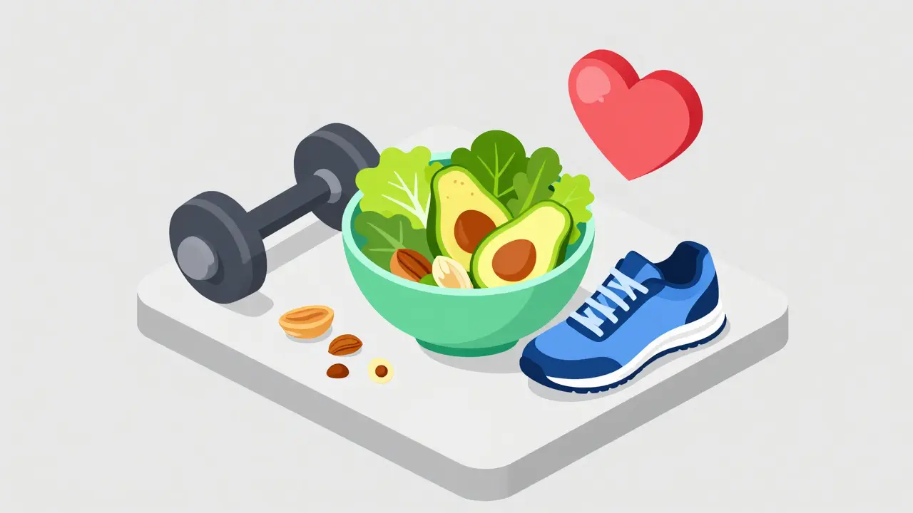 Isometric illustration of healthy food, exercise gear, and a heart symbolizing lifestyle changes.