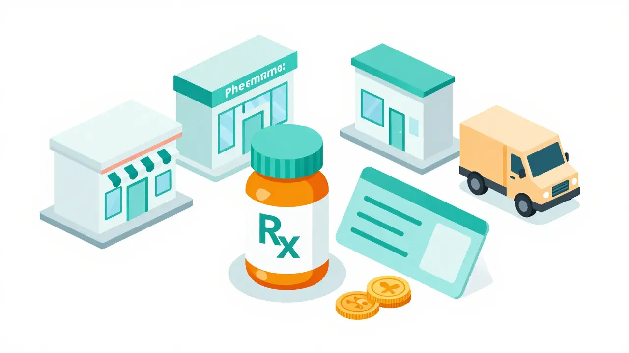 Isometric illustration of pill bottle, coupons, and pharmacy icons