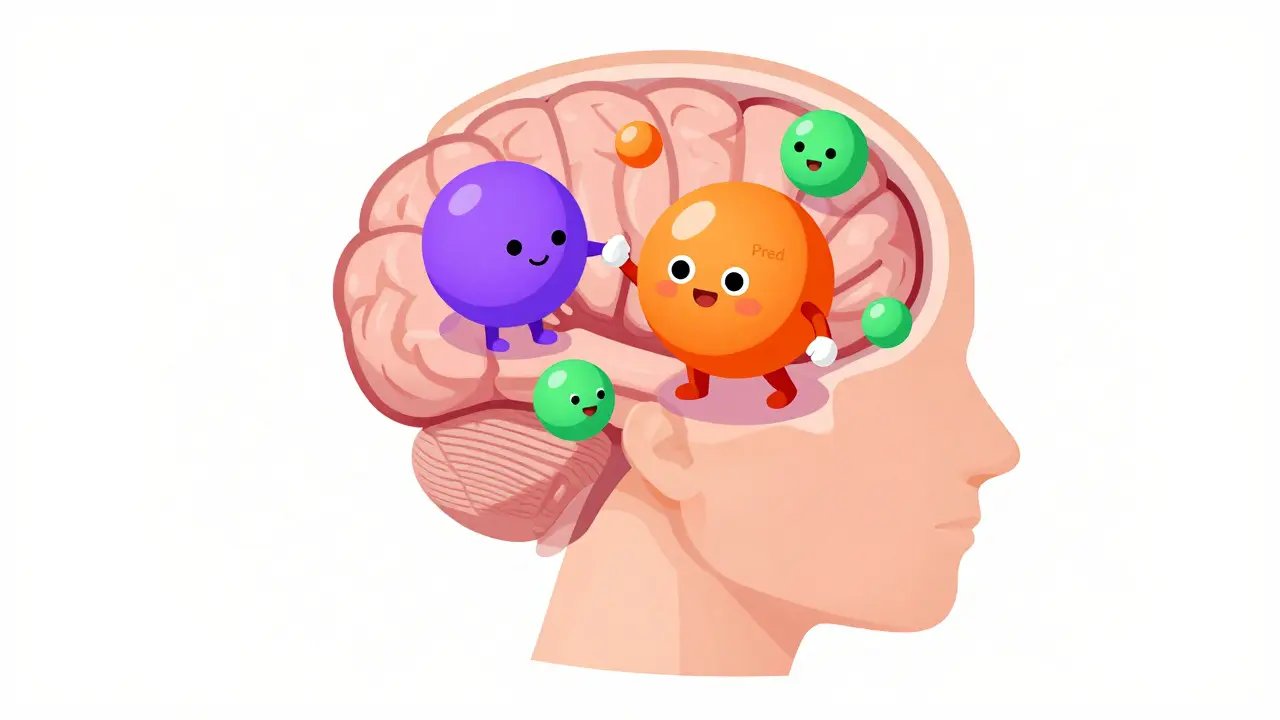 Isometric illustration showing a brain with neurotransmitters being influenced by a steroid molecule.