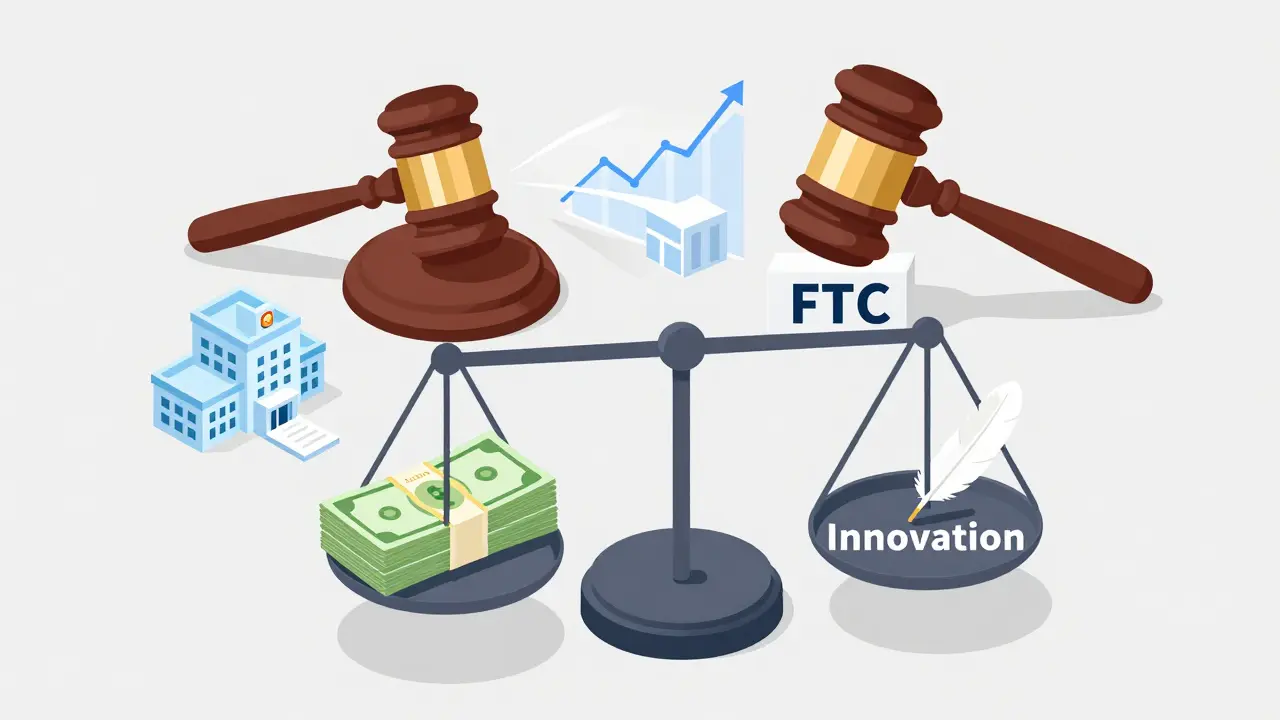 Isometric scene of a legal scale weighing consumer costs against innovation in pharma.