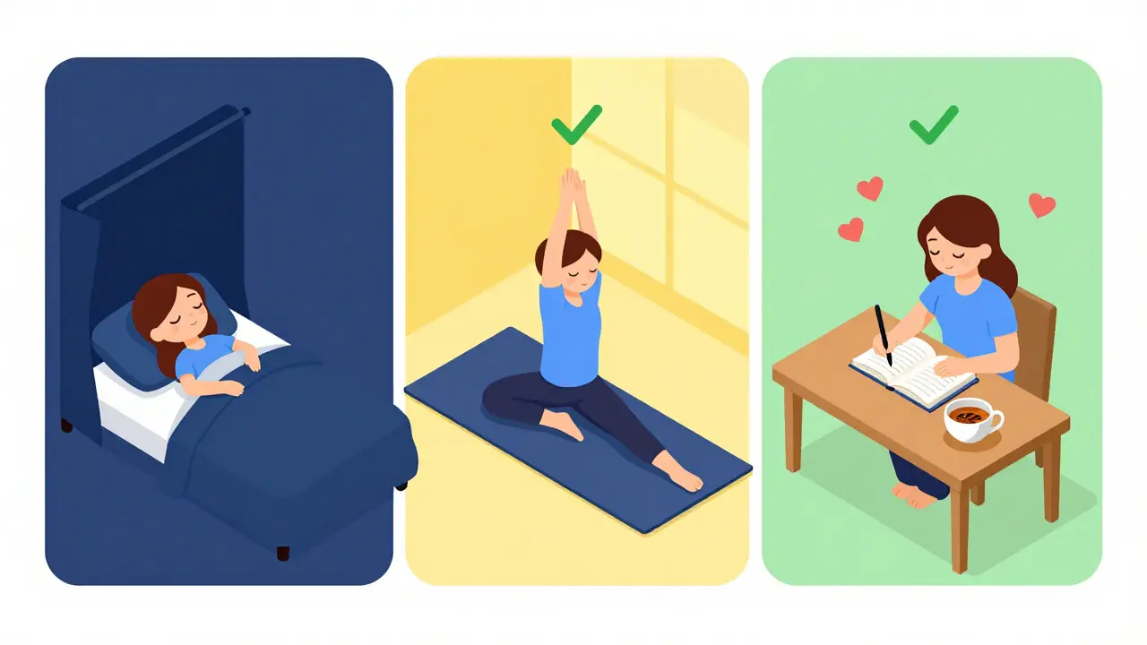 Isometric scene of a person practicing sleep hygiene, yoga, and journaling for mood management.