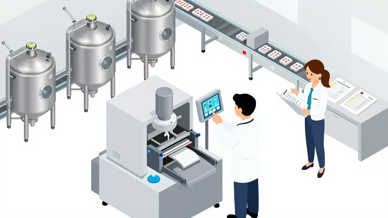 Isometric view of FDA agents inspecting machinery and records on a factory floor