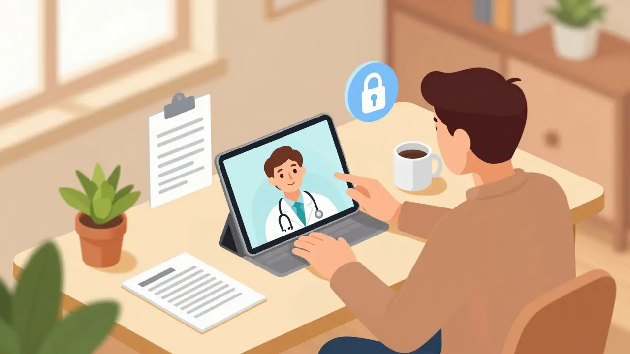 Person using tablet for telehealth consultation with a doctor in a home office.