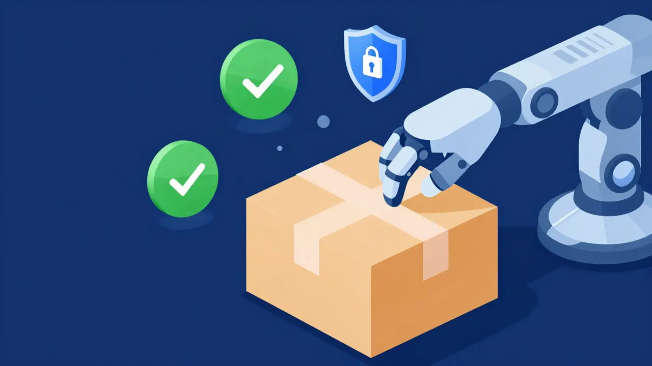 Secure medication package with safety icons like locks and checkmarks.