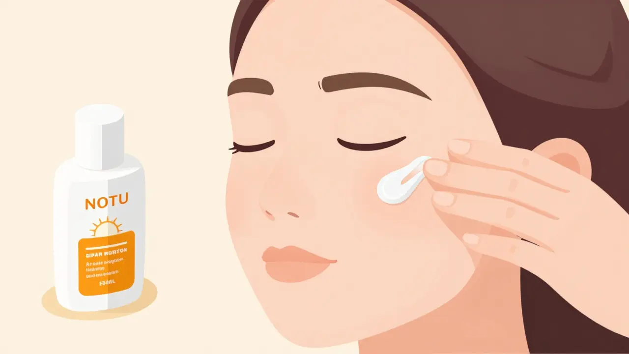 Isometric art of hand applying skincare gel with sunscreen nearby