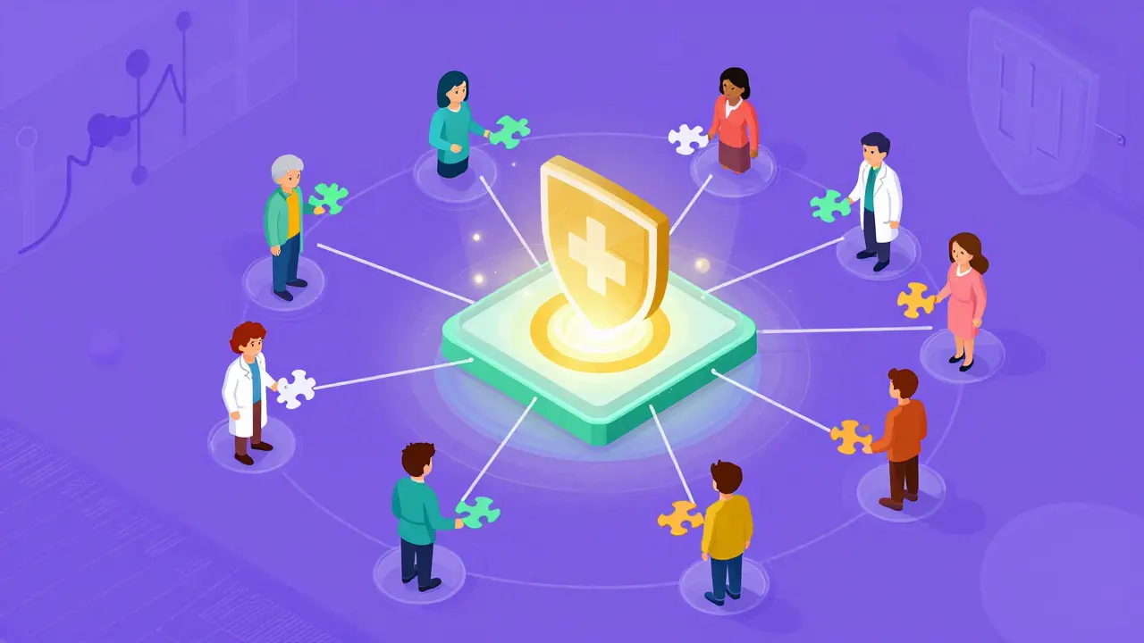 Isometric art of people connecting to a central safety network via data points