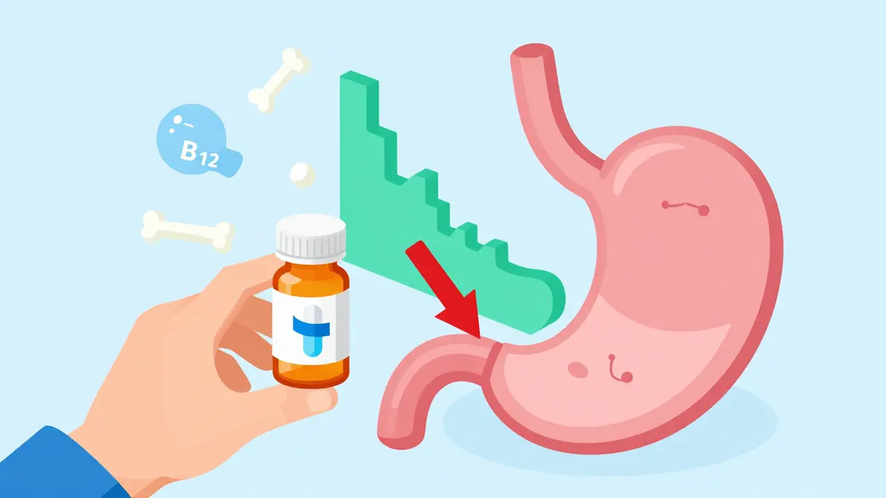 Isometric art showing PPI pills and stomach acid balance
