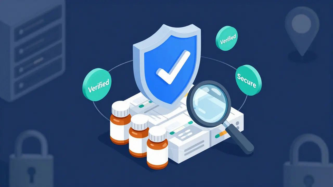 Isometric art showing verified safe online pharmacy icons