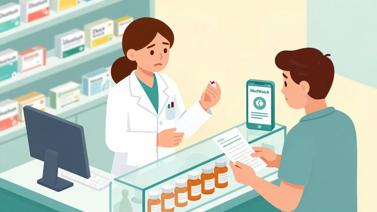 Isometric cartoon of a pharmacist showing a crumbling pill to a concerned patient at a pharmacy counter.