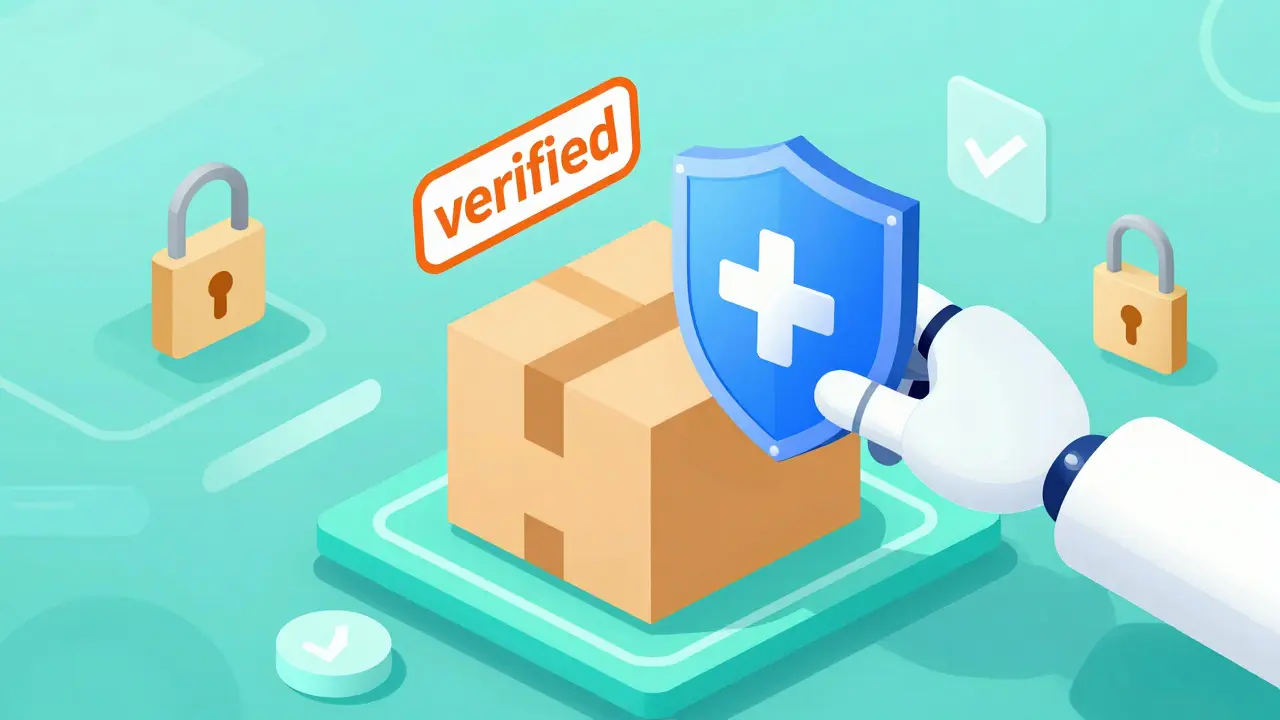 Isometric cartoon showing secure package delivery with shield protection