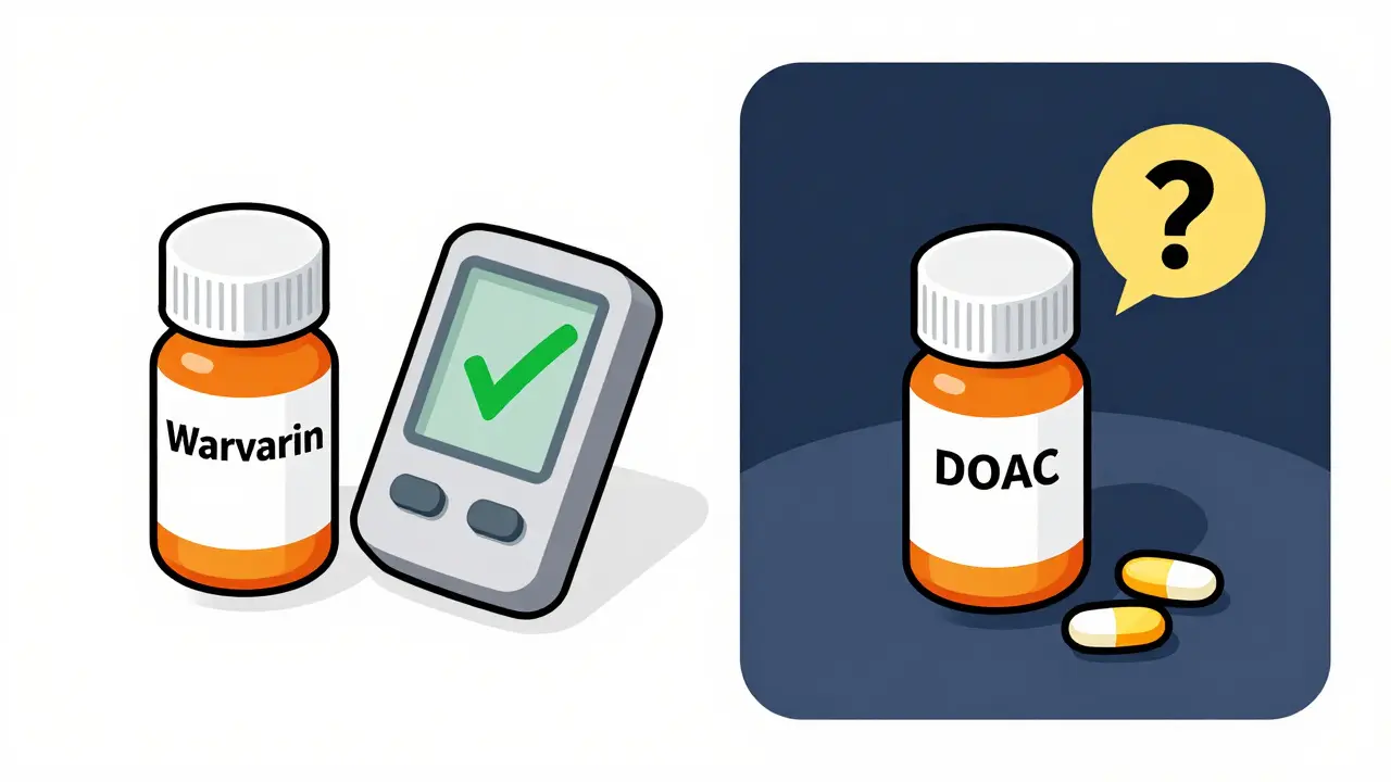Isometric comparison of Warfarin monitoring versus unmonitored DOAC risks.