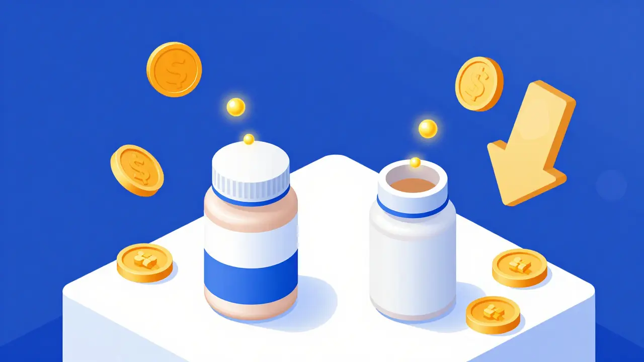 Isometric illustration comparing brand and generic pills with savings icons