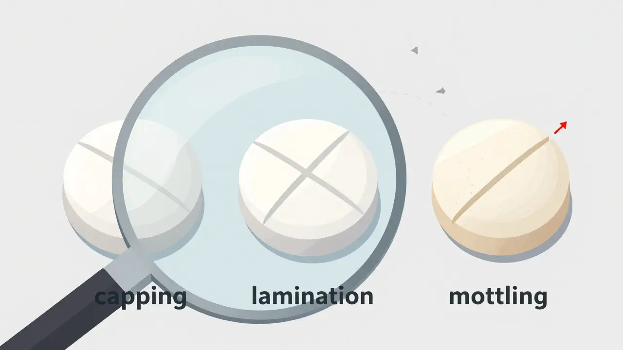 Isometric illustration of defective pills showing capping, lamination, and mottling flaws in detail.
