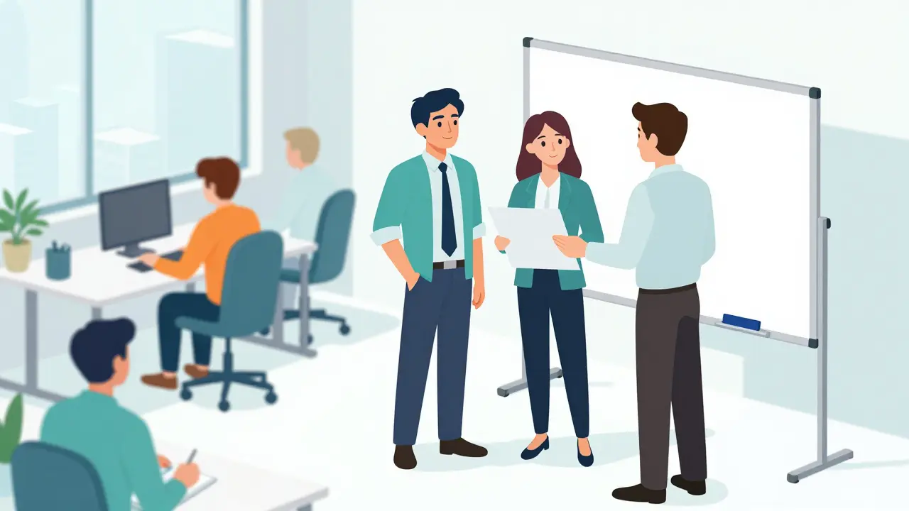 Isometric illustration of employee and manager discussing accommodations