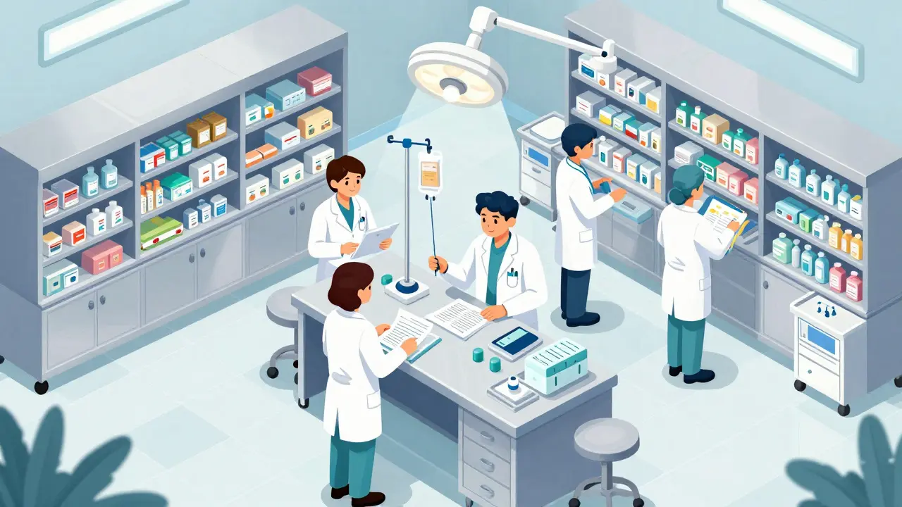 Isometric illustration of hospital staff managing complex drug therapies