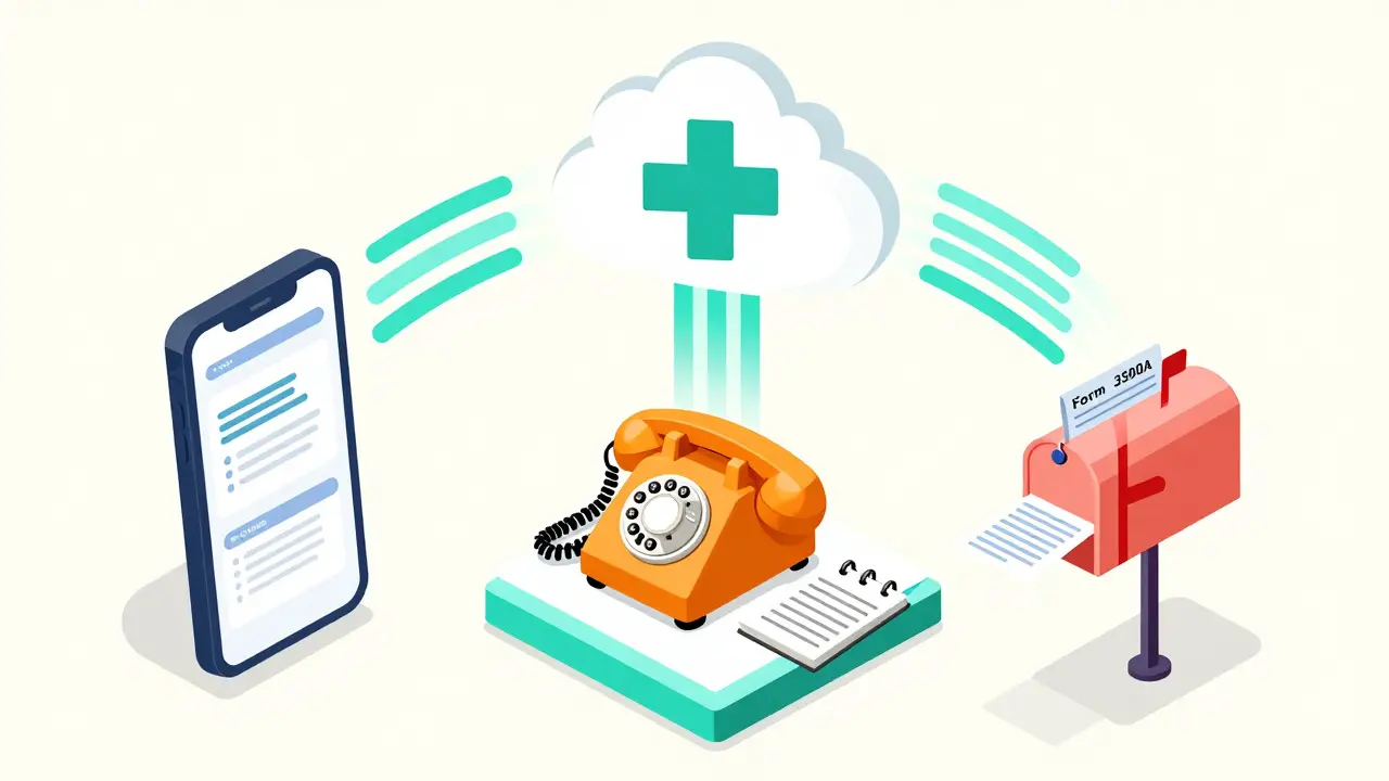 Isometric illustration showing online, phone, and mail options for FDA reports