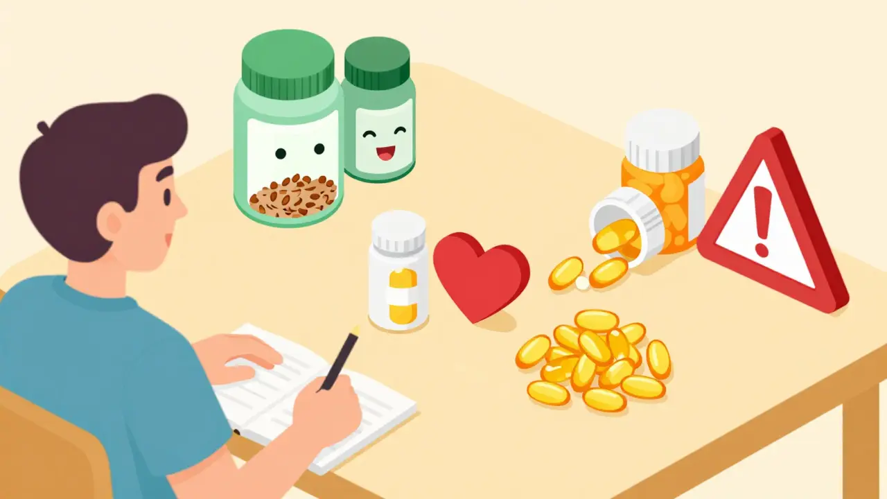 Isometric illustration showing safe low-dose fish oil vs risky high doses.