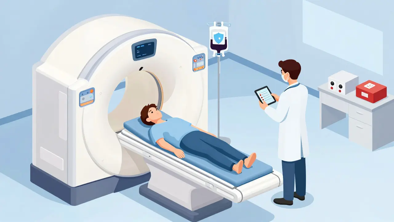 Isometric view of a patient undergoing a safe CT scan with medical staff present