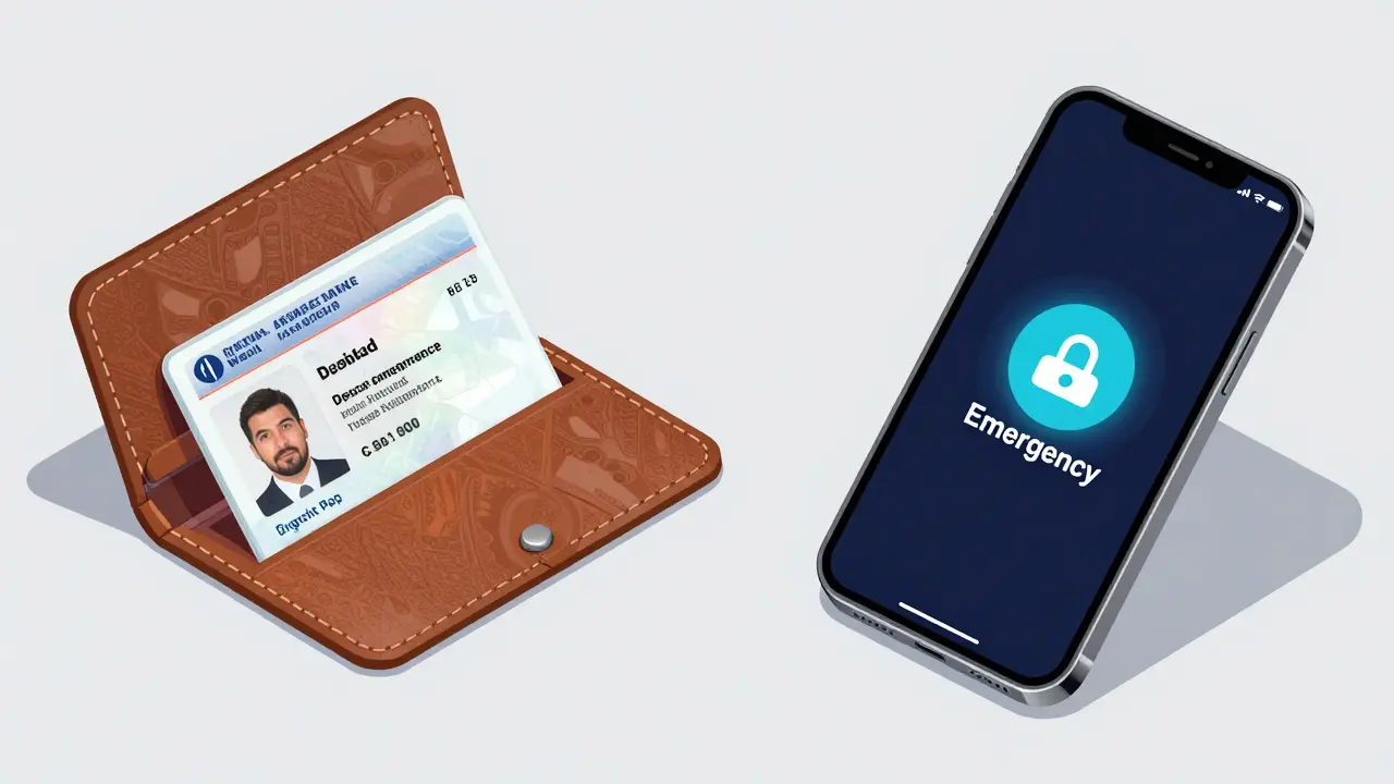 Wallet card and smartphone side by side in isometric view