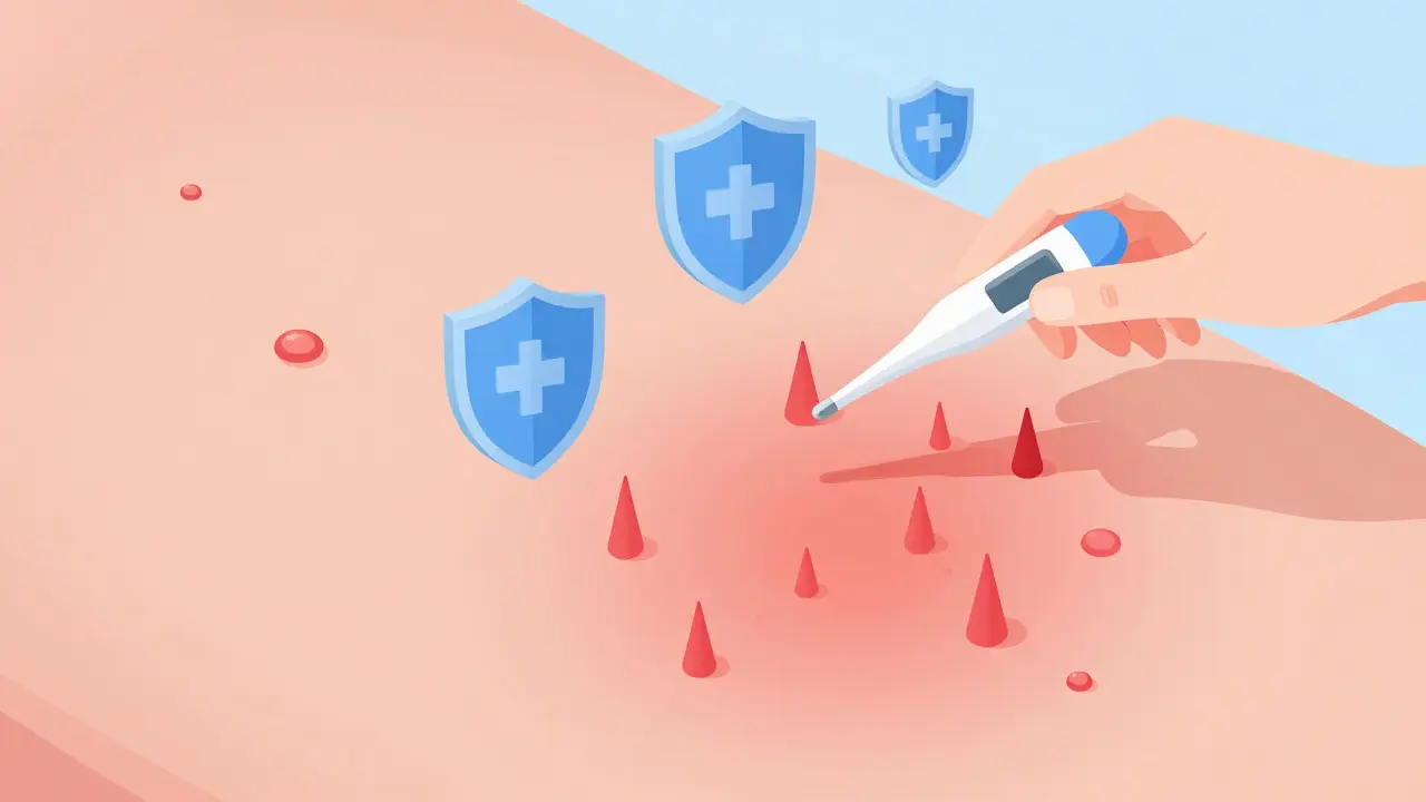 Isometric art showing skin rash symptoms and medical monitoring concepts.